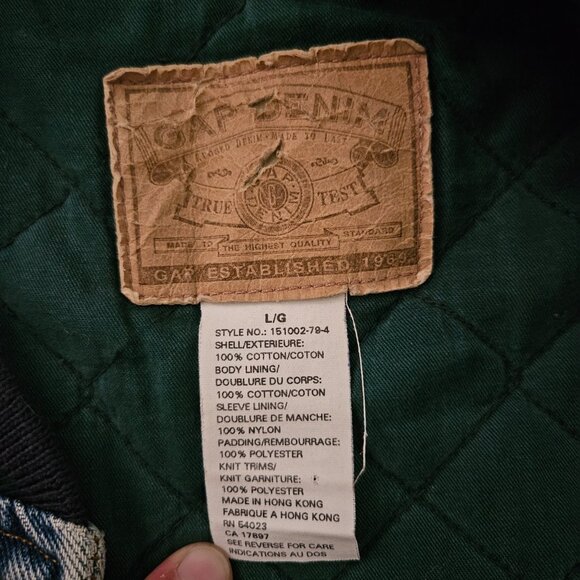 GAP Denim Varsity Jacket Blue Green Quilted Lined 90s Vintage Men’s L - Picture 2 of 9